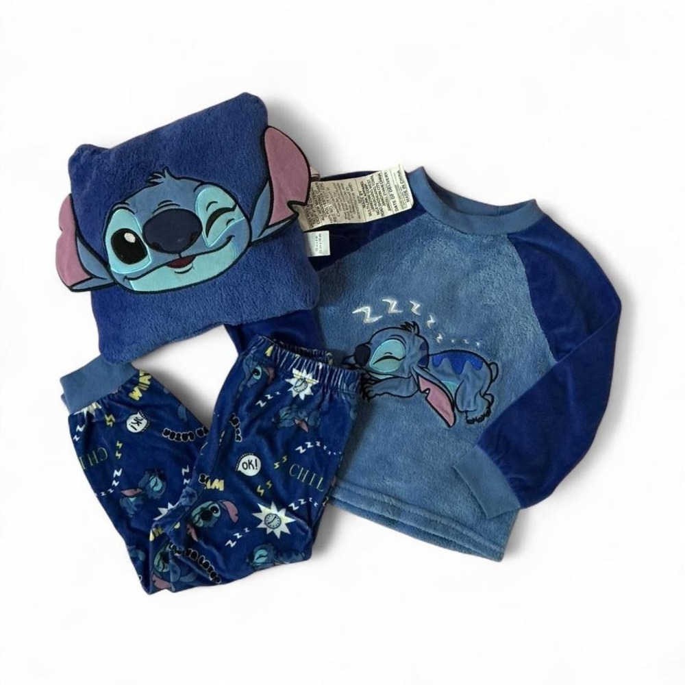 Disney Stitch 3pc Fleece Pajama Set‎ with Plush Pillow Blue Kids Size 3T